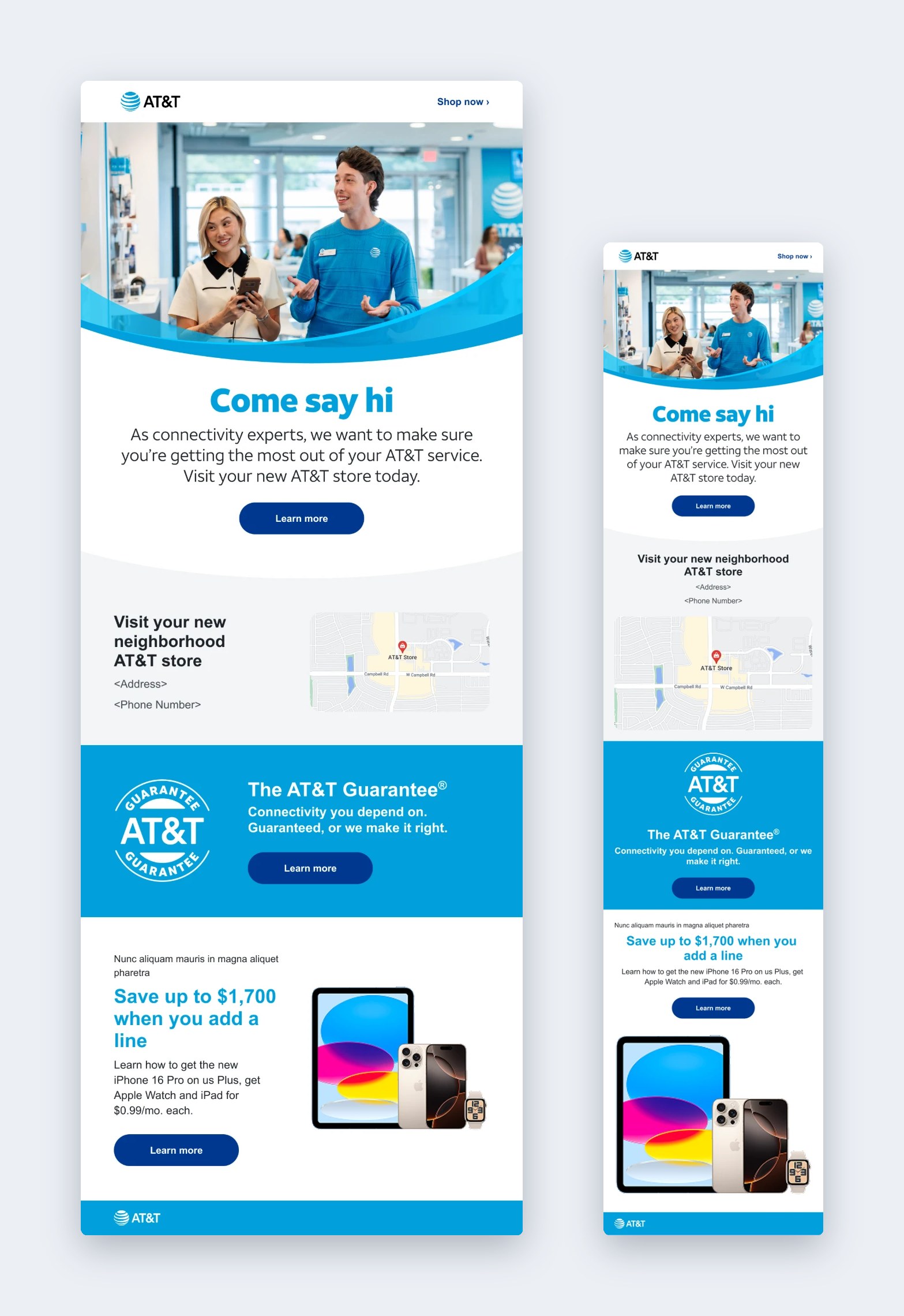 Consumer theme: store opening email, desktop and mobile