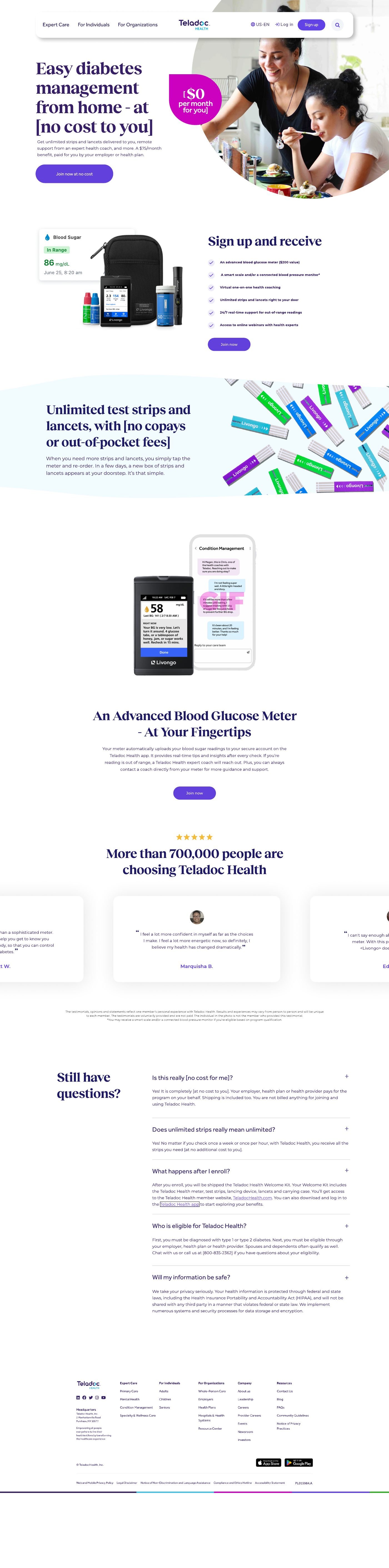 Diabetes Management Plus landing page, full length