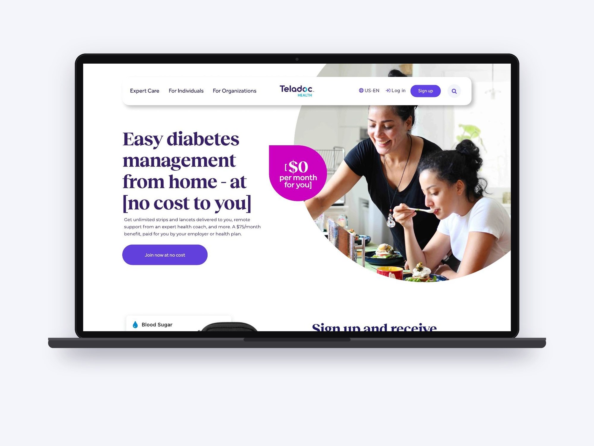 Diabetes Management Plus landing page on a laptop